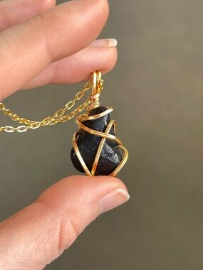 Black Tourmaline Gold Tone Wire Wrap Necklace